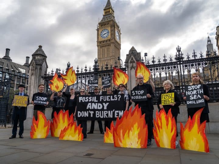 ‘Don’t burn em’ Burnham!’ campaigners protest new oil outside parliament