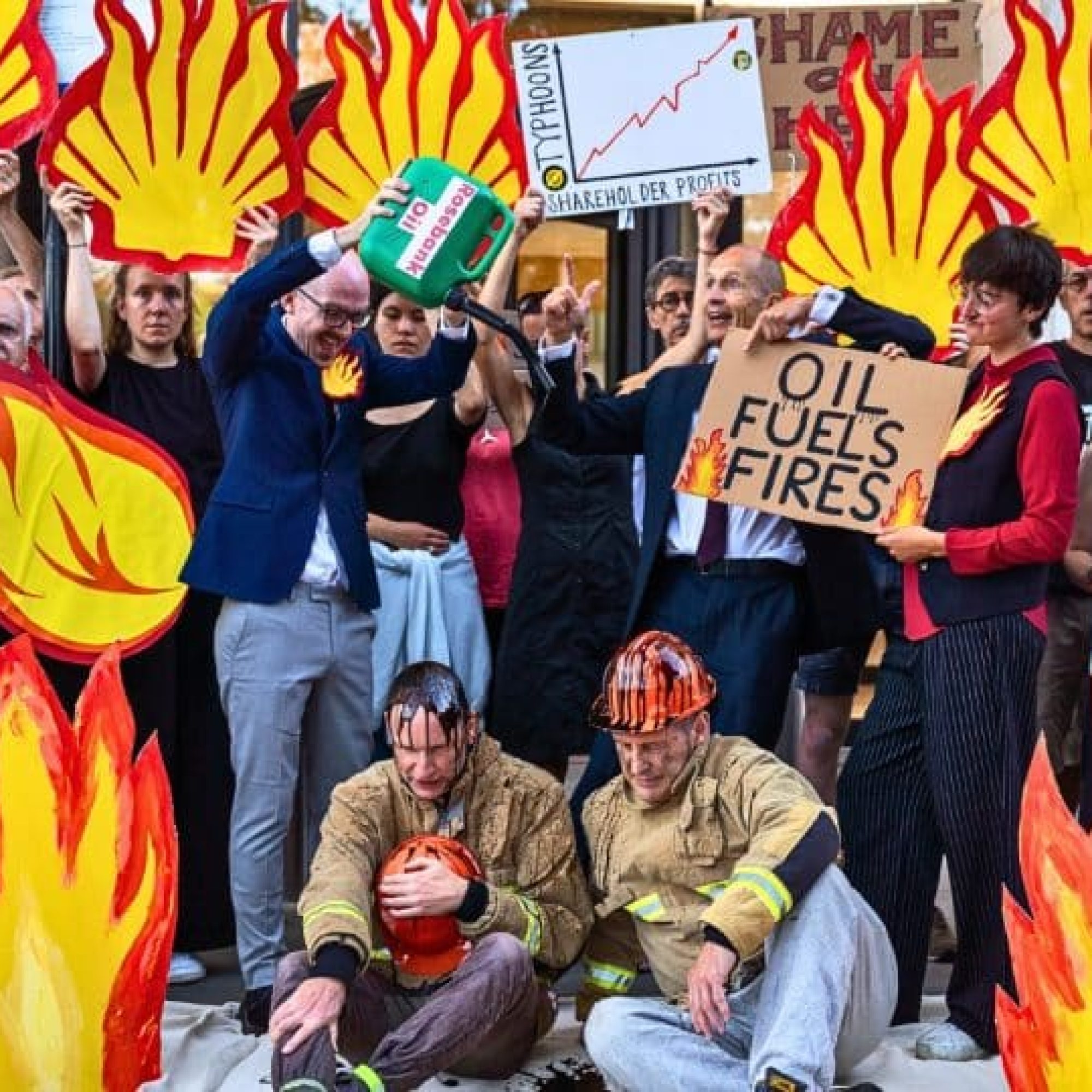 Firefighter doused in ‘oil’ in Shell profits stunt as wildfires rage